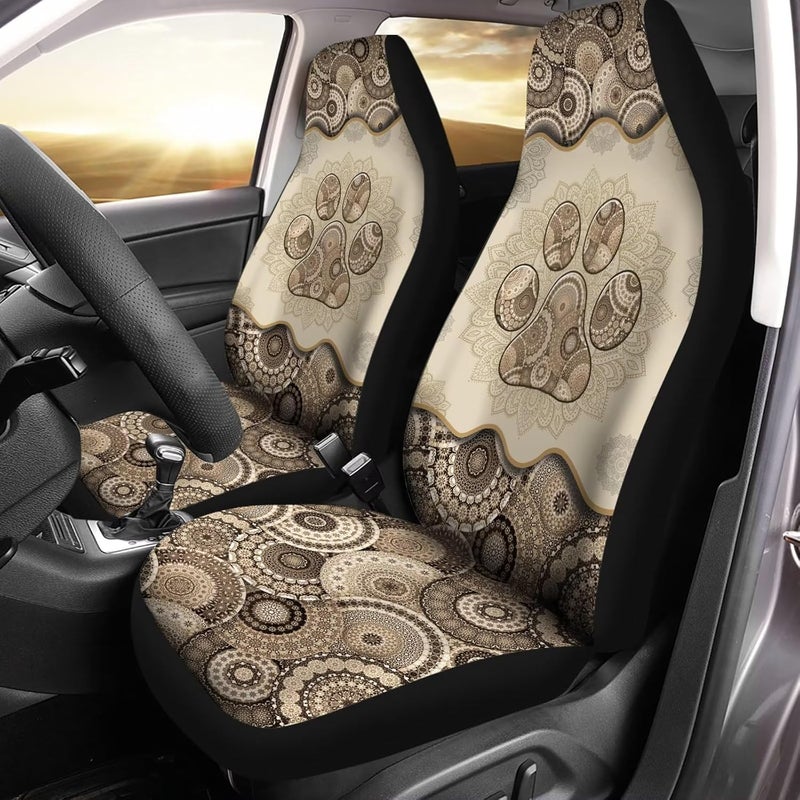 Howilath Brown Boho Mandala Dog Paw Print Seat Covers for Women Men Car Seat Covers, 2pcs Car Accessories High Back Front Seat Covers - Image 1
